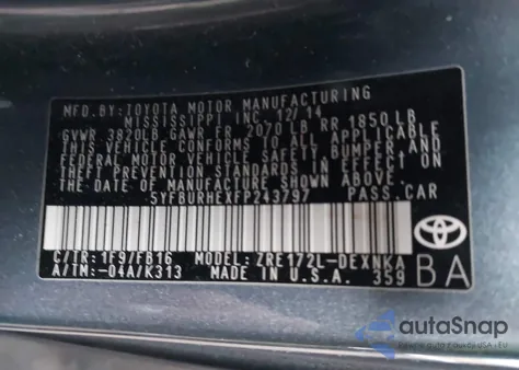 2015 Toyota Corolla Le z USA, uszkodzony, nr VIN 5YFBURHEXFP243797